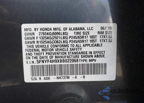 2011 Honda Pilot Touring from USA, damaged, VIN 5FNYF4H9XBB022068